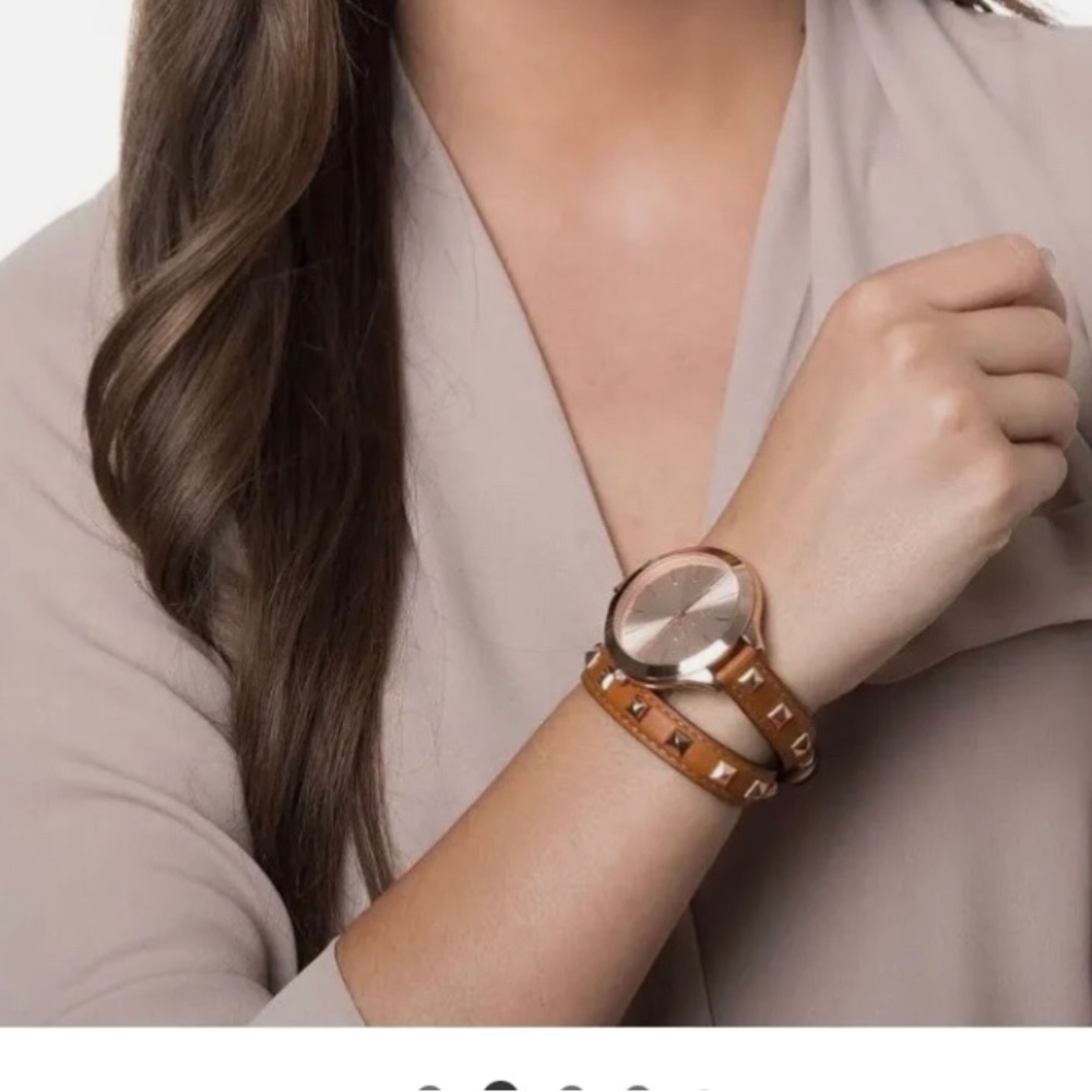 MICHAEL KORS Slim Runway Studded Leather Rose Gold Double Wrap Watch